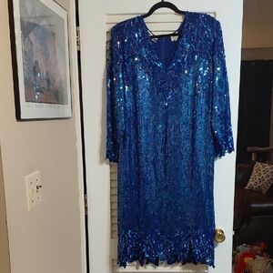 Vintage 1980's Women's Size 3X Royal Blue Iridescent Sequined Silk Dress